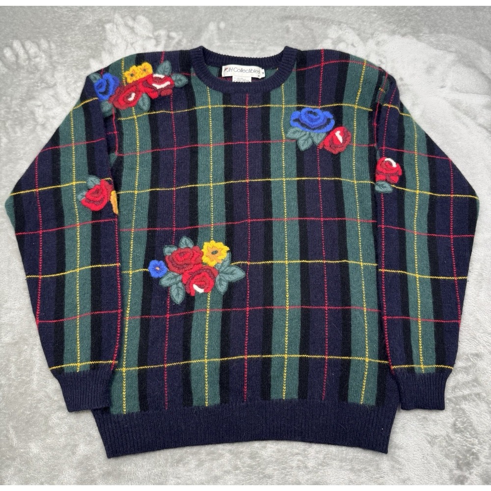 Vintage Tartan Plaid Sweater Womens Medium Wool Floral Crewneck Pullover 80s